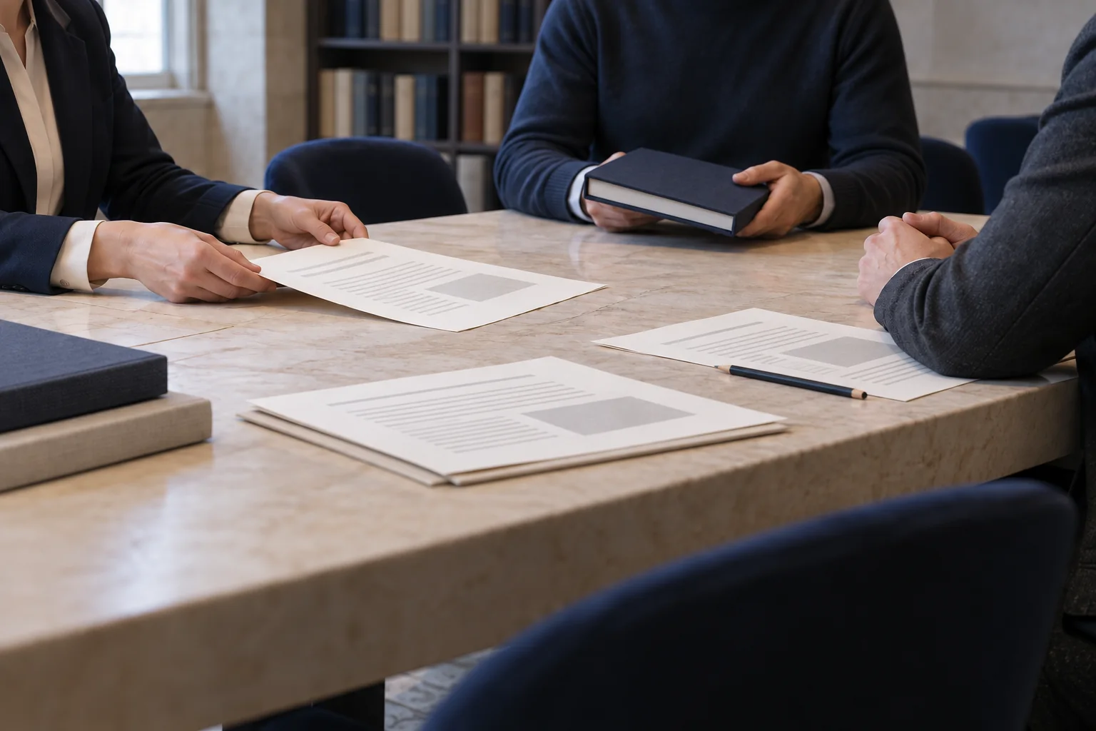 Three people share documents around a working table.