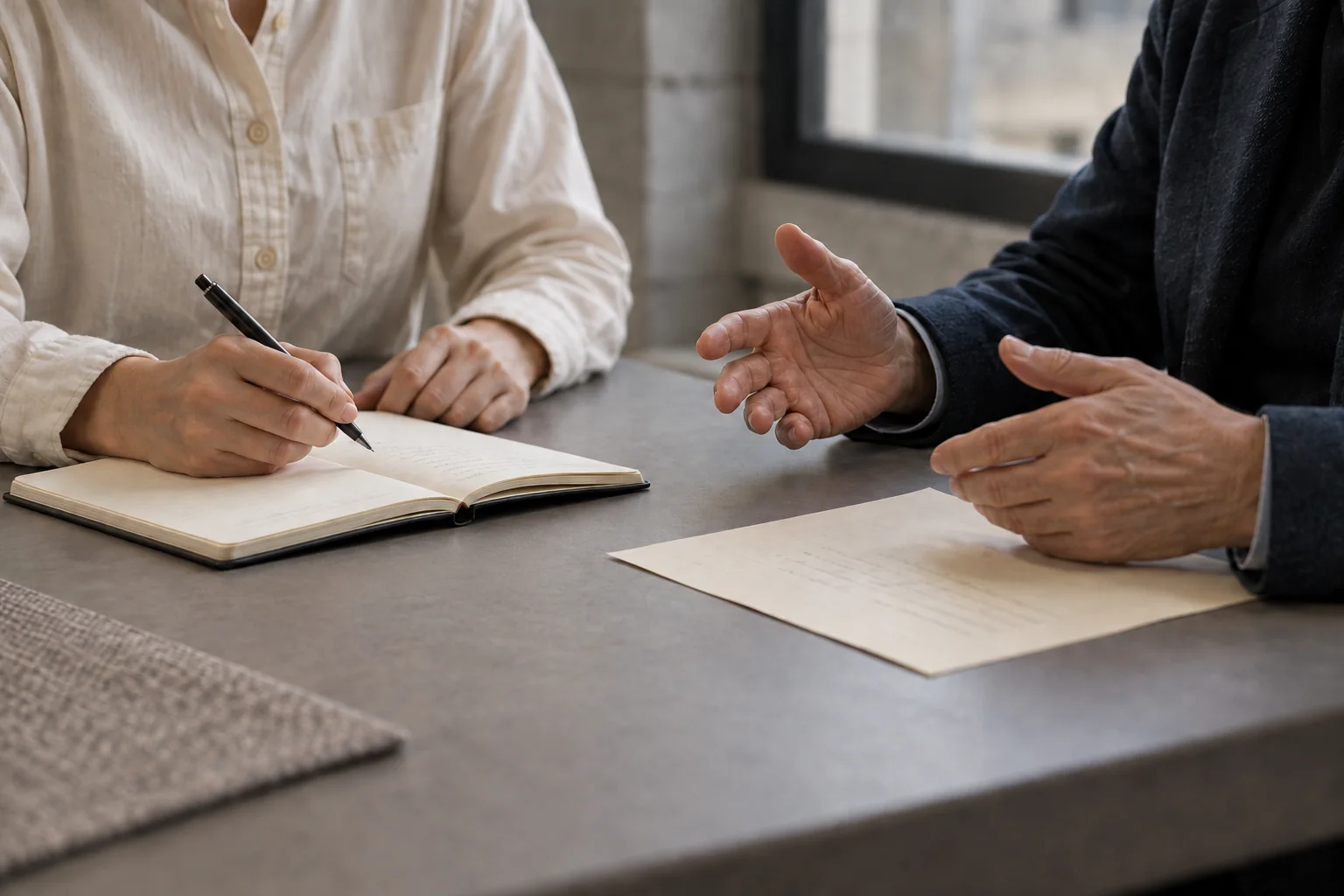 One person explains a document while another takes notes.