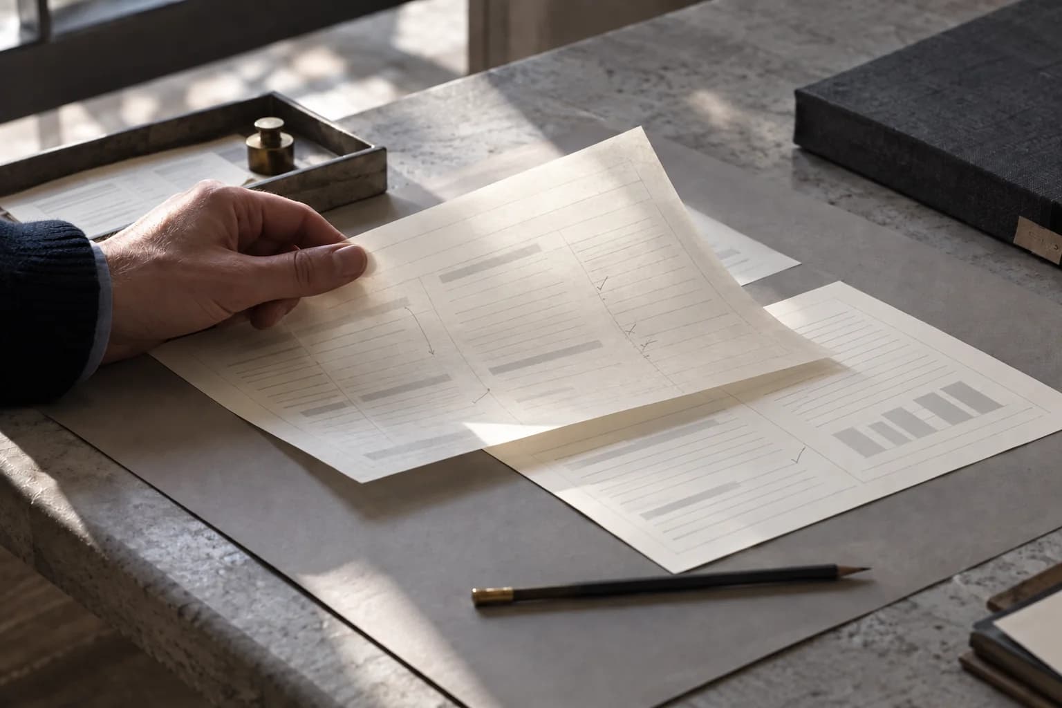 A hand lifts a translucent sheet to compare two documents.
